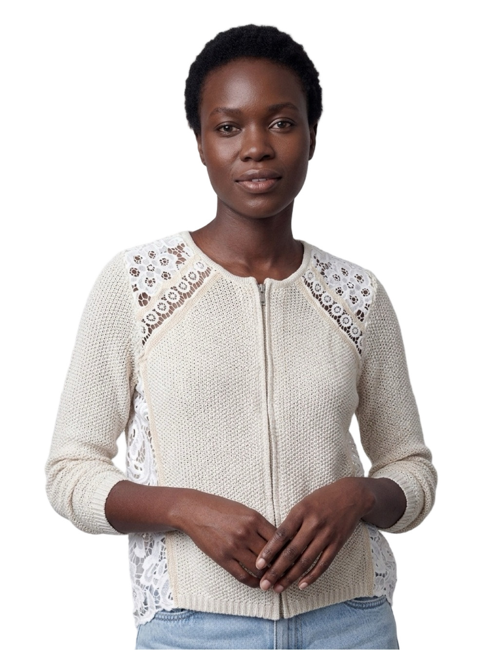 CHICO’S Sweater Lainey Lace Inlays Zipper Long Sleeve Cream Ivory Women 2 L 12
